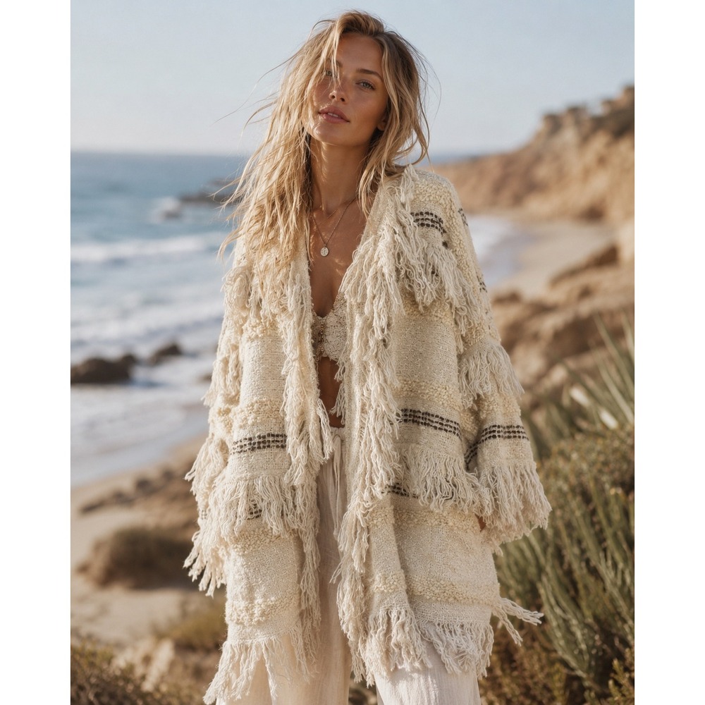 World Market Open Cardigan Fringe Shag Sweater One Size Pockets Boho Chic NEW